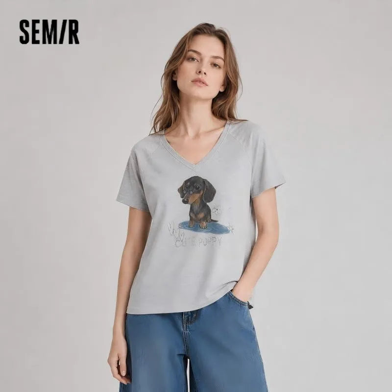 Semir Womens Tshirt 2026 Short Raglan Sleeve Slim V Neck Dog Cute Fashion Casual Daily Wear