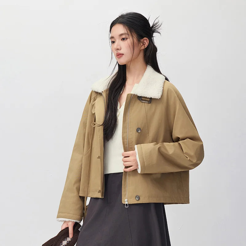 Semir Women Winter Jacket Plush Collar Loose Fit Raglan Sleeve Vintage Style Workwear 2026 New Winter Daily Wear