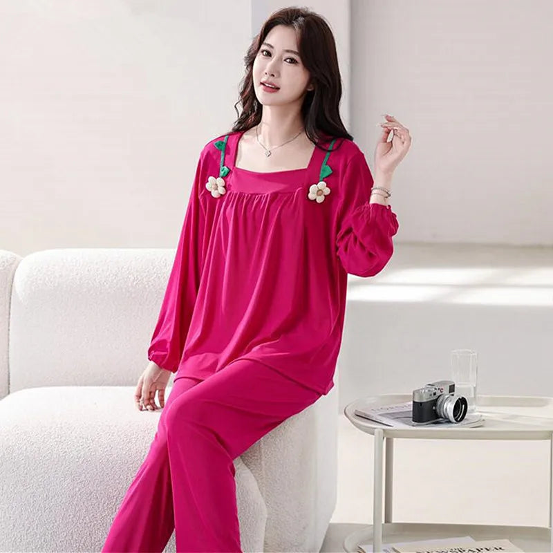 XL-6XL Spring Autumn Cotton Women's Pajamas Set New Long Sleeve Sleepwear Sleeping Suit Casual Ladies Nightwear Pyjamas Femme