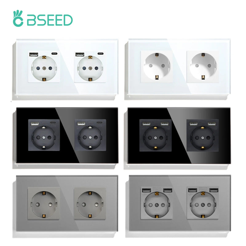 BSEED EU Wall Sockets Double Power Outlets White Black Double Frame USB Type-C Phone Charge Port Glass Panel Kids Protection 16A