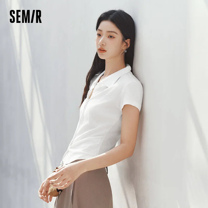 Semir Womens Polo 2026 Short Ruched Slim Jacquard Texture Lapel Gentle Casual Soft