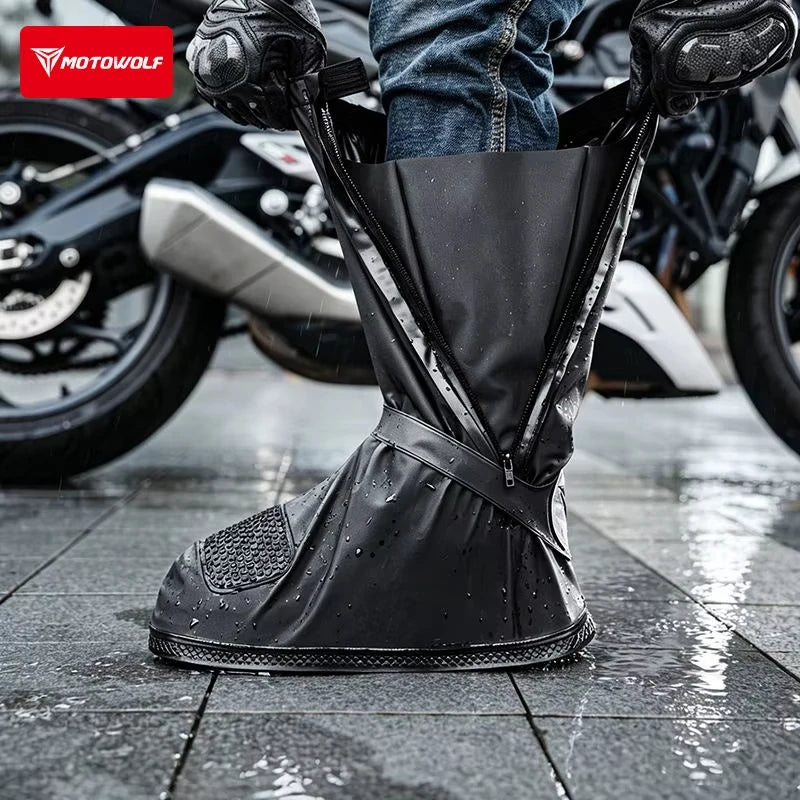 ស្រោមស្បែកជើងម៉ូតូ Motowolf ការពារទឹកជ្រាប ៤០ សង់ទីម៉ែត្រ ស្រោមស្បែកជើងភ្លៀងឆ្លុះបញ្ចាំងសម្រាប់បុរសស្ត្រី ធ្វើពី PVC មិនរអិល ការពារភ្លៀង