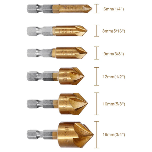 6pcs Countersink Drill Bit Set 1/4'' Hex Shank HSS 5 Flute Countersink 90 Degree Wood Chamfering Cutter Chamfer 6mm-19mm