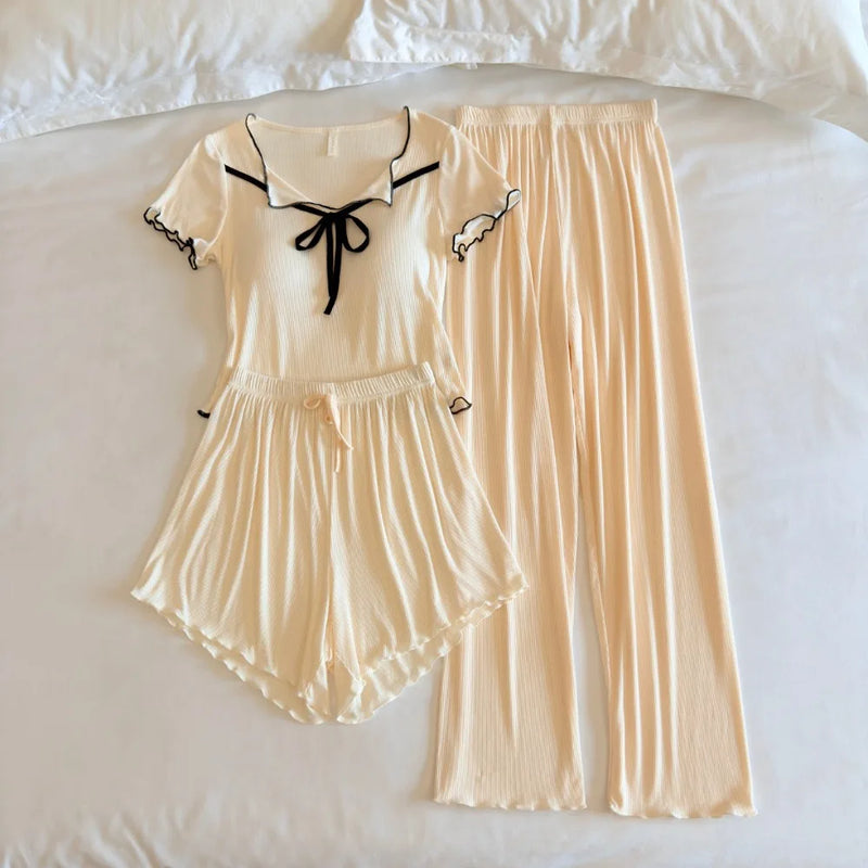 Casual 3 Piece Chest Pad Homewear Women's Summer Pajamas Short Sleeve Sleepwear Loungewear Set Solid Color Home Suit Pijama