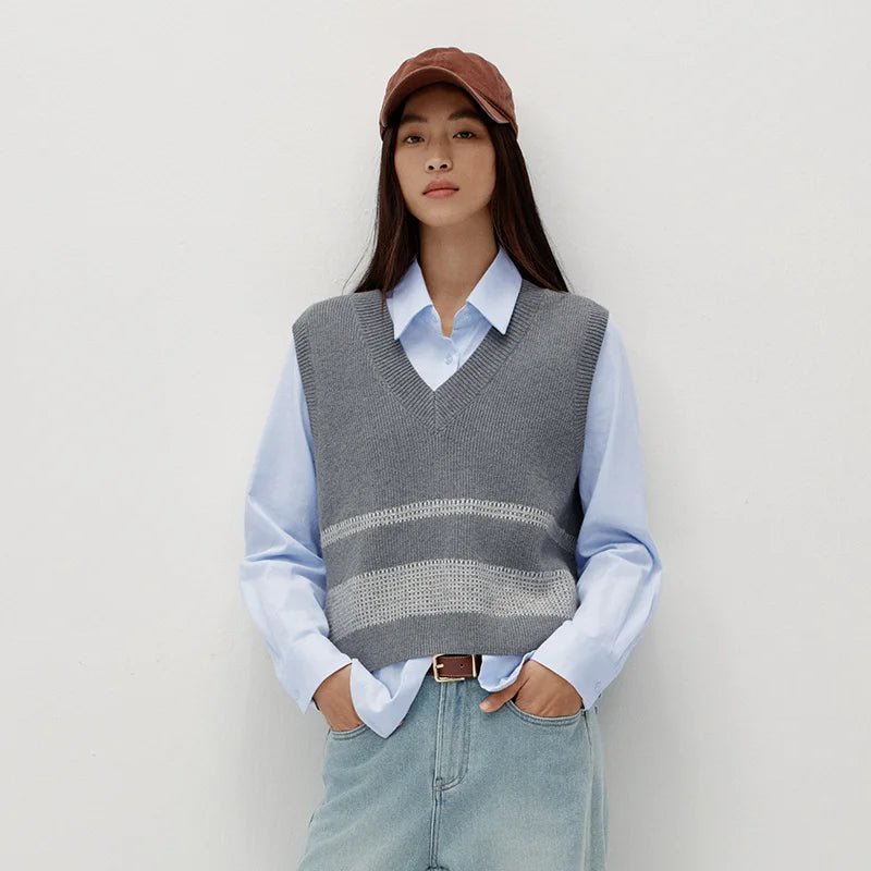 Semir Women Winter Shirt Striped V Neck Brushed Fabric Layering Minimal Design Two Piece Layering 2026 New Winter Daily Wear