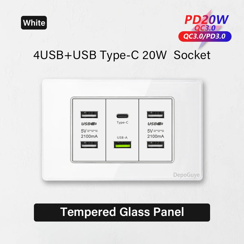 Type 118 White Black Grey Tempered Glass Wall Socket Panel 6 Charging port Triple USB Type C Wall Plug 3.1A 5V Outlet 118*75mm