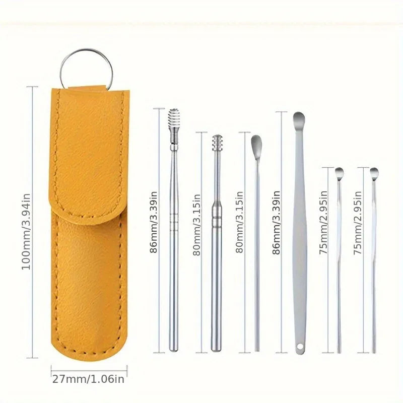1set Ear Degreaser Tool, Stainless Steel 6 Piece Ear Cleaning Set,Spring Loaded Ear Scoop, Travel Portable Ear Wax Removal Set