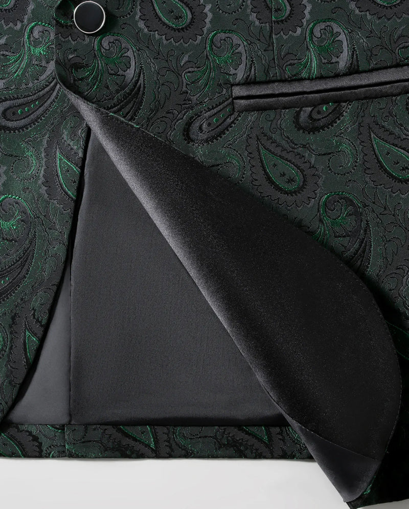 Men's Green Long-sleeve Blazer, Cashew-Print Suit Jacket, Suitable for Weddings, Parties, and Stage Performances.