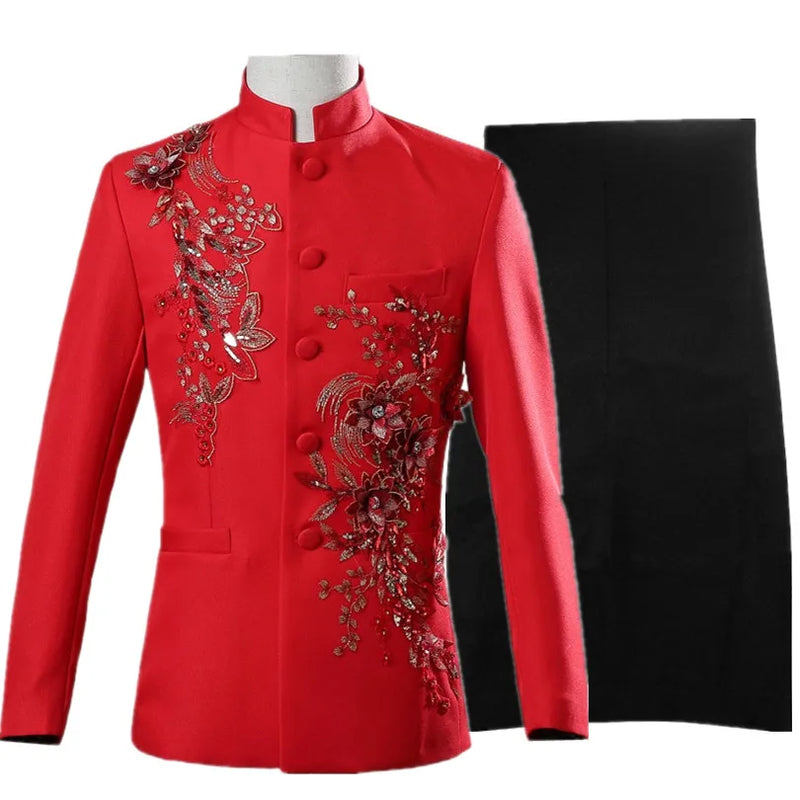 Men's White Standing Lapel Suit Two-Piece, Chinese Style Long Sleeve Jacket with Trousers, Blue Red Black Optional, Asian Size
