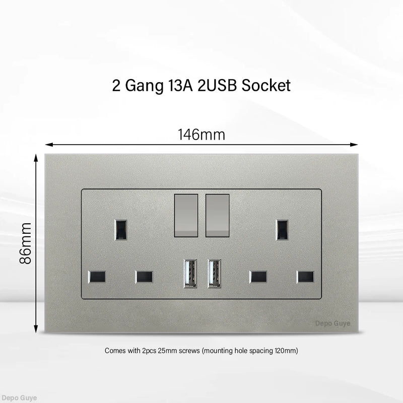 Universal 18W Type-C Quick charge Double Power Outlet,220V Electrical Wall Light 2way Switch UK 13A Wall Double USB Plug Socket