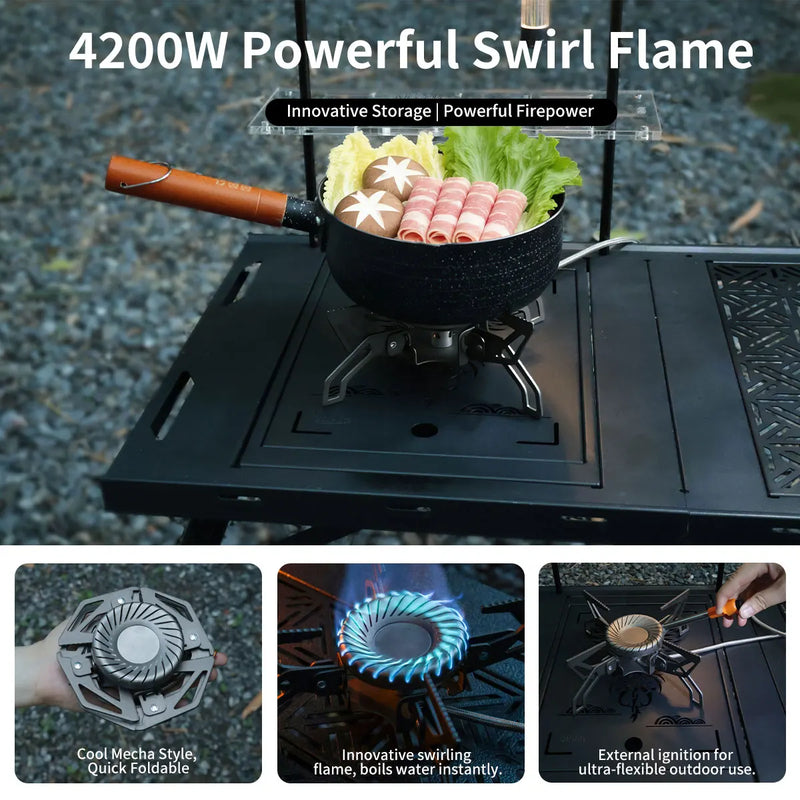 ចង្ក្រានហ្គាសចល័តប្រភេទ Swirling Fire 4200W Split Camping Stove ជាមួយអាដាប់ទ័រ ចង្ក្រានដុតភ្លើង Swirl Flame ថាមពលខ្ពស់សម្រាប់ឡើងភ្នំ នេសាទ