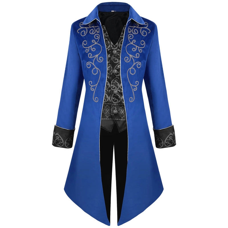 Red Embroidered Men's Long Jacket, Black Mock Two-piece Trench Coat, Purple Collared Vintage Tailcoat.
