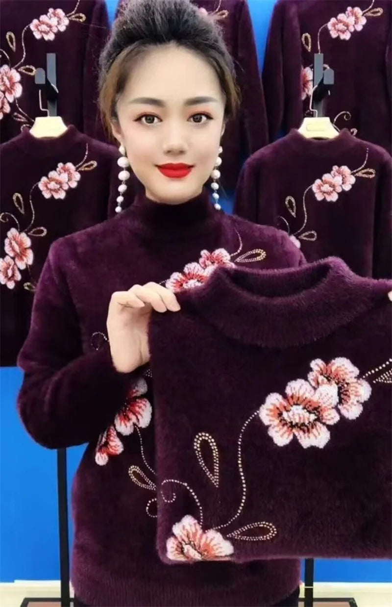 Printed New Knit Cashmere Sweater For Woman Pull Jumper Turtleneck Warm Mother Pullover Top Thicken Knitting Women's Clothing