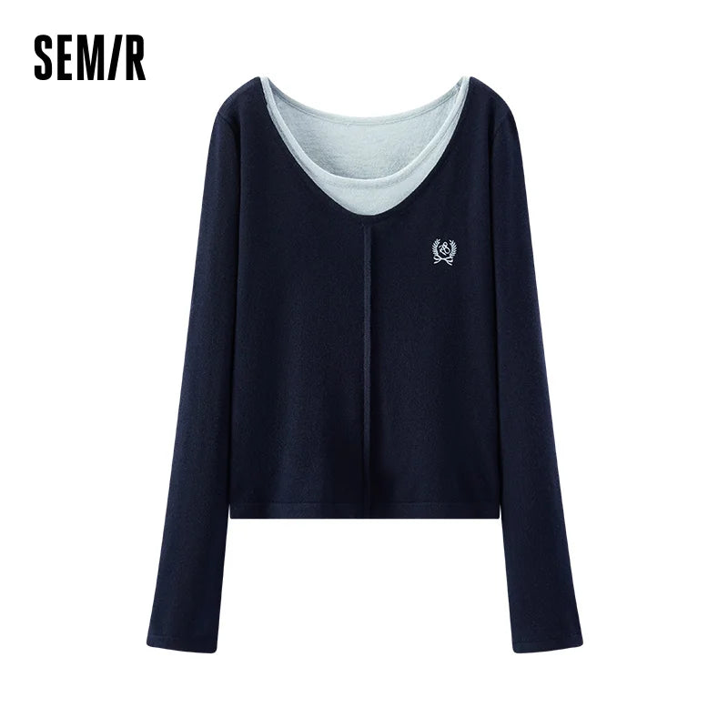 Semir Knitted Sweater Women Winter Short Length Fake Two-Piece Color Block Embroidered Slim 2025 New Sexy Stylish Top