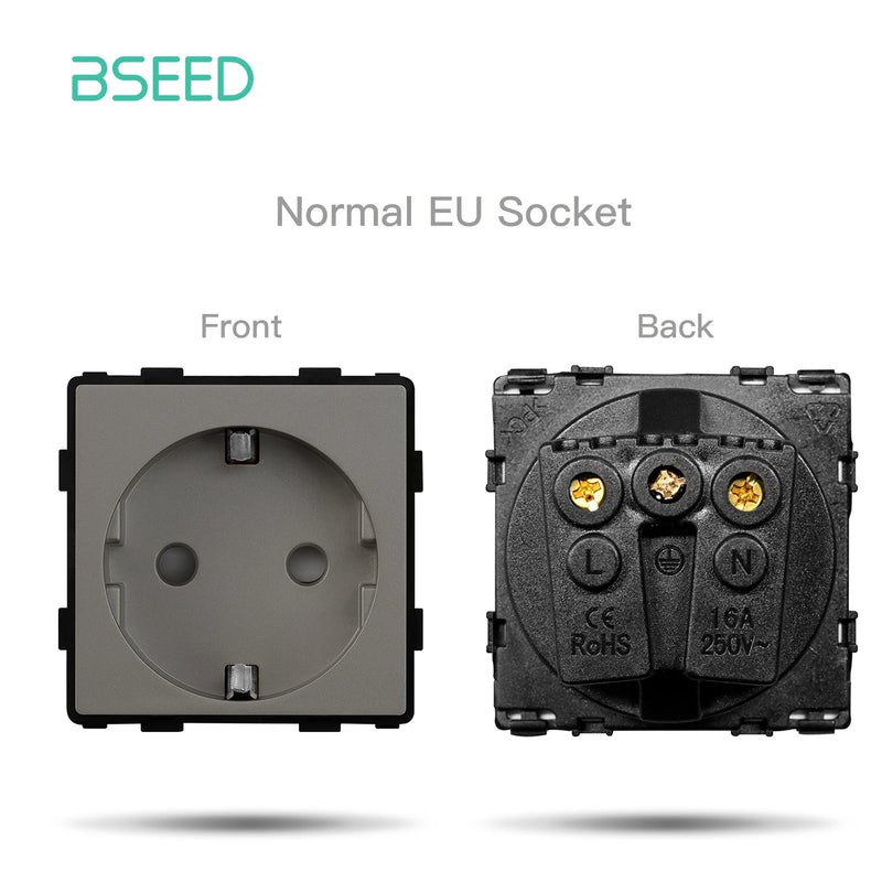 BSEED 1/2/3Gang Mechanical Button Switch Light Switch Function Part Crystal Glass Frame EU Wall Socket DIY Part Free Combination