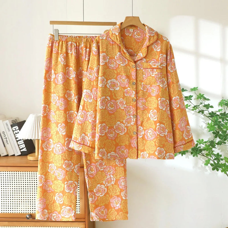 Retro Style Nighty For Woman Nightwear Autumn 2 Pcs Long Sleeves Lapel Women's Pajamas Cotton Sleepwear Comfort for Homewear