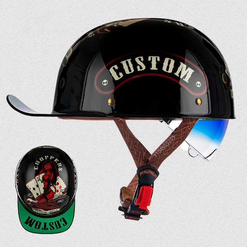 មួកសុវត្ថិភាពម៉ូតូ Street Retro Baseball Cap Moto Helmet ជាមួយកញ្ចក់ពណ៌ខៀវ មួកសុវត្ថិភាពពាក់កណ្តាលបុរសស្ត្រី Capacete De Moto ECE DOT អនុម័ត