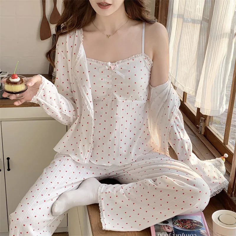 Women’s Loungewear Night Wear for Ladies Nightie Female Clothing Chest Pads Four-piece Pajamas New Spring Autumn Pyjama Pijama