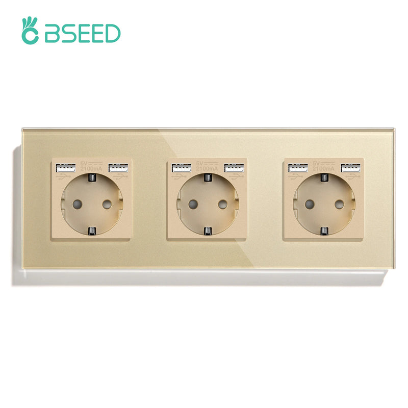 BSEED EU Wall Sockets Single Plugs Sockets Double 5V 2.1A USB Socket Phone Charge Glass Panel Power Sockets Kids Protection 16A