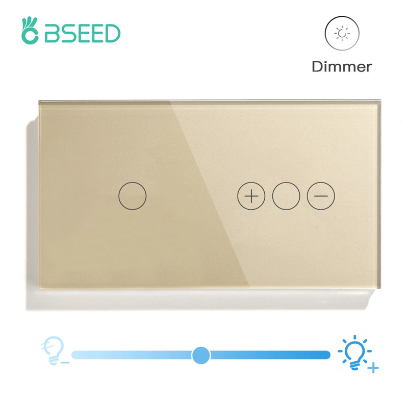 BSEED EU Standard LED Dimmable Light Switch 1/2/3Gang 1way Touch Light Switch With Wall Dimmer Switches Tempered Crystal Glass