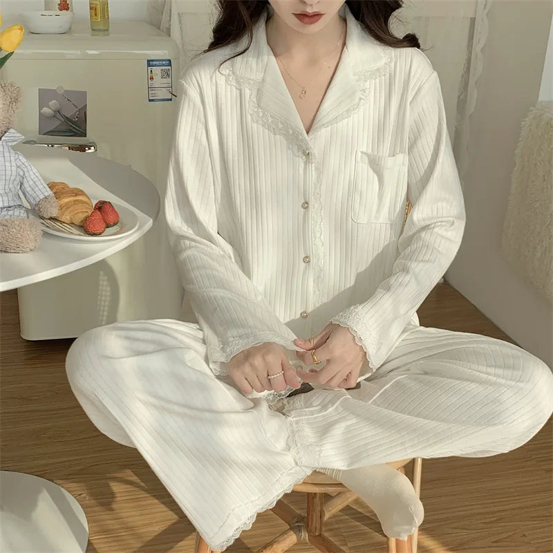 High Quality Korean White Pajamas For Women Sweet Lace Cotton Sleepwear Set Long Sleeve Spring Autumn Home Wear Pijamas Suit
