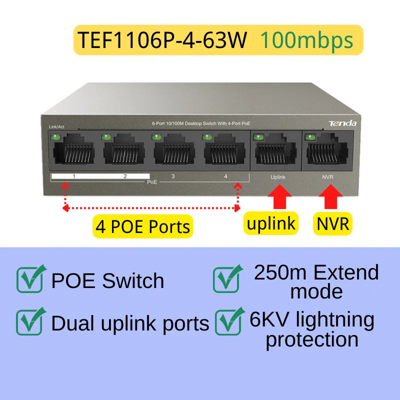 កុងតាក់ Ethernet Tenda POE 5/6/8/10 ច្រក កុងតាក់បណ្តាញលឿន gigabit 100/1000mbps Switcher Hub SOHO Desktop Switch សម្រាប់កាមេរ៉ា IP