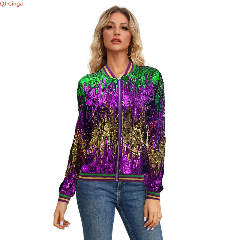 2026 New Women's Red-Purple Long-Sleeve Jacket, Round Sequin Embellishment Coat, Stage/Party Performance Top.