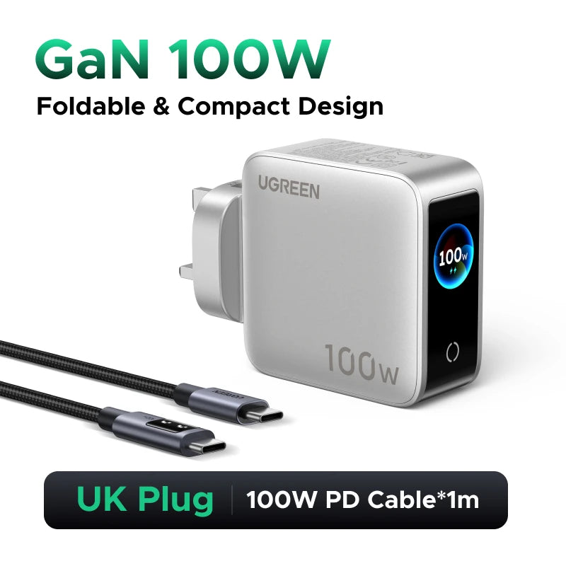 UGREEN 100W GaN Charger With Smart Display EU/UK/US Foldable Plug QC4.0 AVS For Macbook Pro Laptop iPhone 18 17 Pro iPad Samsung