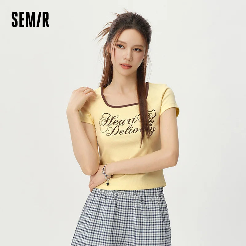 Women Tshirt Color Block Square Neck Short Length Casual Fashion 2026 Summer Sweet Stylish Daily Comfort Wear Top