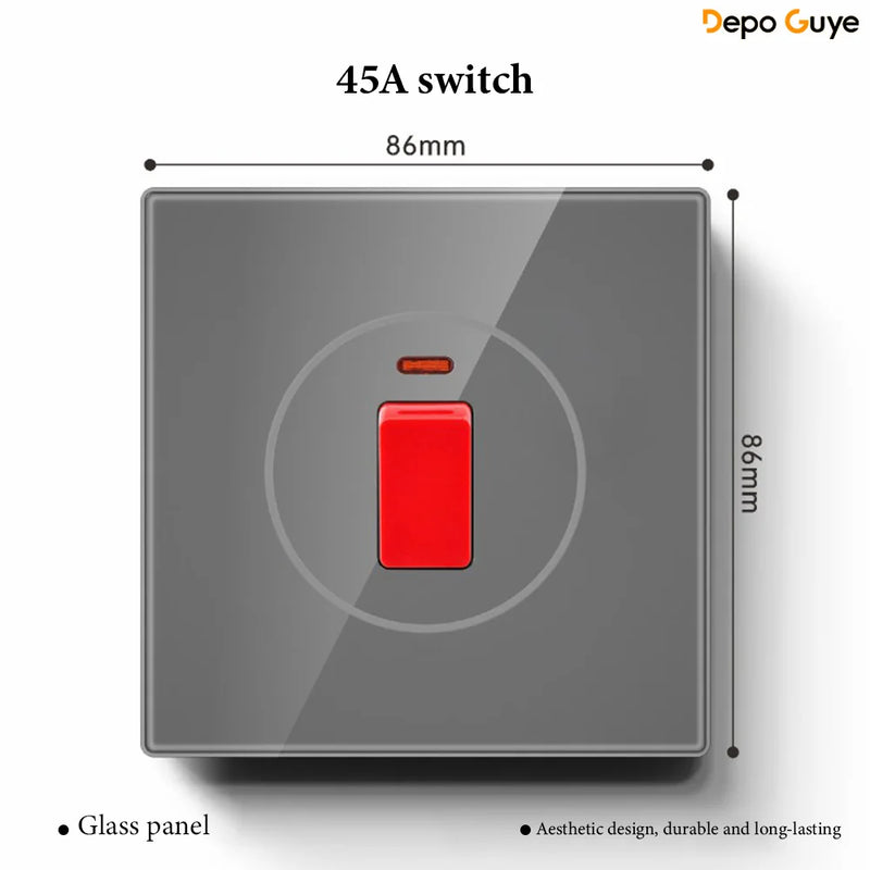 Grey Tempered Glass UK Standard 13A Wall Switch Socket with LED USB Type-C TV CAT6 Data Outlet British Electrical Wall Panel