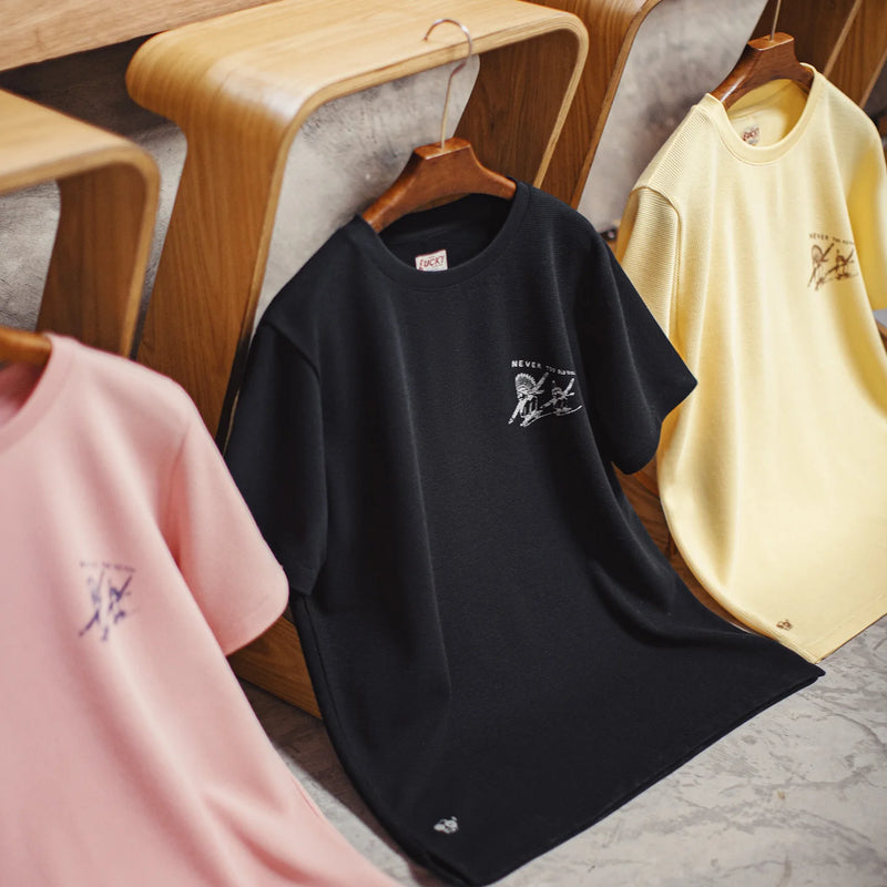 អាវយឺត Maden 2026 ថ្មី Top1 សម្រាប់បុរស អាវយឺតដៃខ្លី កមូល បែបវ៉ាហ្វល រដូវក្តៅ សម្រាប់បុរស អាវបែប Retro ធម្មតា បោះពុម្ព អាវខ្មៅ បែបឥណ្ឌា