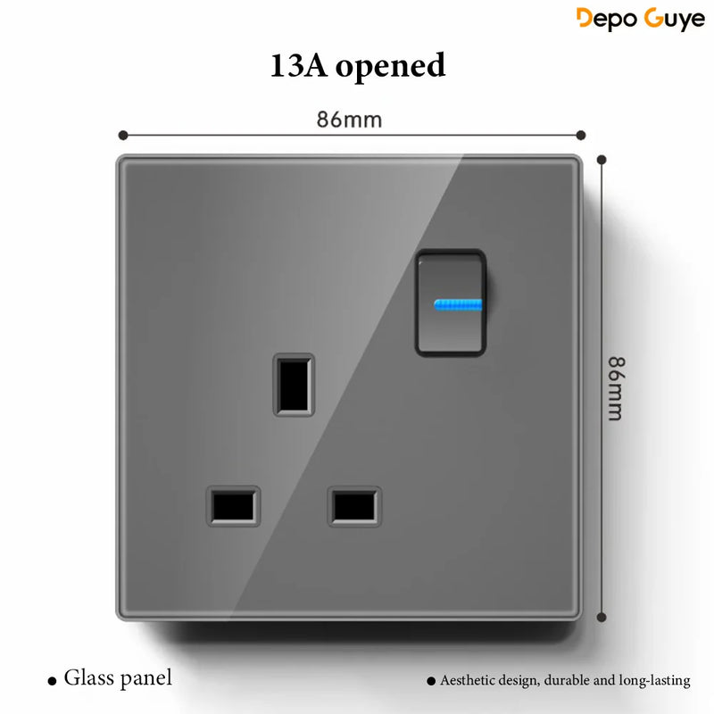 Grey Tempered Glass UK Standard 13A Wall Switch Socket with LED USB Type-C TV CAT6 Data Outlet British Electrical Wall Panel