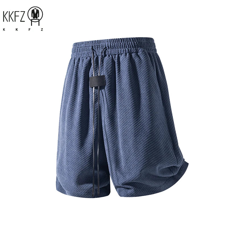 Male Summer Streetwear Shorts Waffle Textured Fabric Elastic Waist Long Drawstring Curved Hem Relaxed Cut For Outings