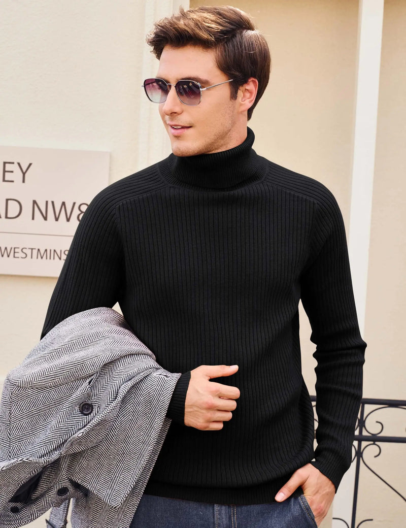 TACVASEN Men's Knit Turtleneck Sweater Thicken Ribbed Long Sleeve Solid Pullover Casual Fall Winter Thermal Soft Tops Streetwear