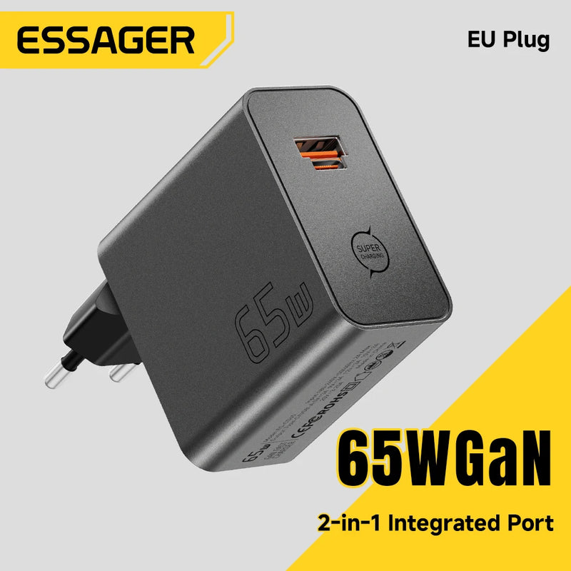 ឆ្នាំងសាក ESSAGER 65W GaN PD3.0 PPS QC4.0 ឆបគ្នាយ៉ាងពេញលេញសម្រាប់ iPhone 17 16 Samsung S26 MacBook Air Huawei Laptop PD Fast Charger