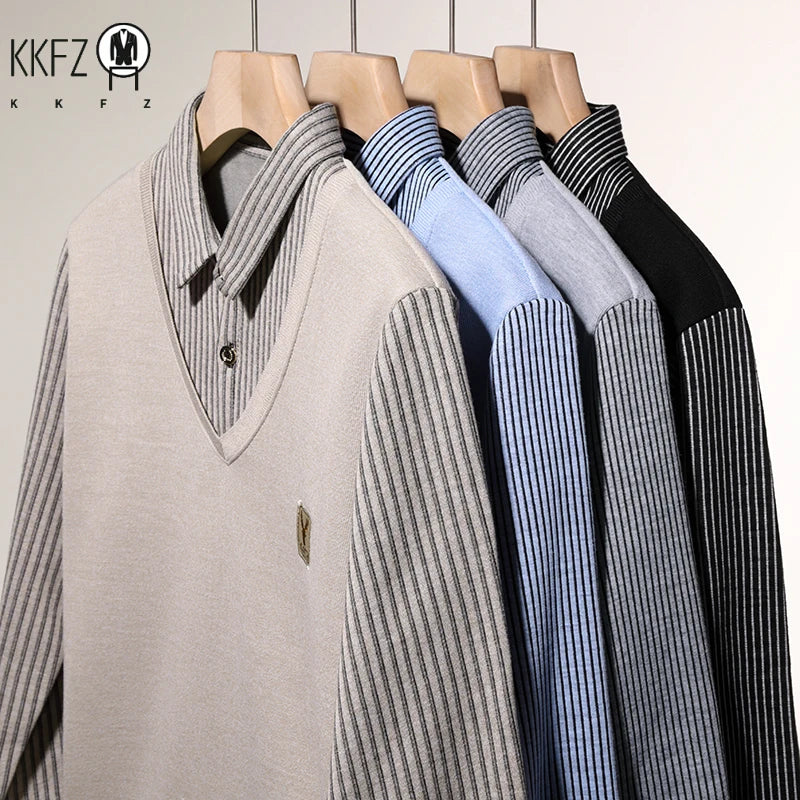 Male Business Knitted Sweater Fake Two Piece Vest Outer Striped Long Sleeve Lapel Shirts Soft Warm Daily Pullover