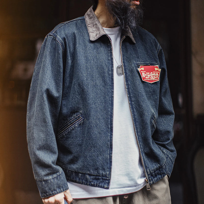Maden Men's Vintage 10.5oz Detroit Denim Jacket Short Heavyweight Safari Coat Casual Lapel Collar Outerwear for Spring and Fall