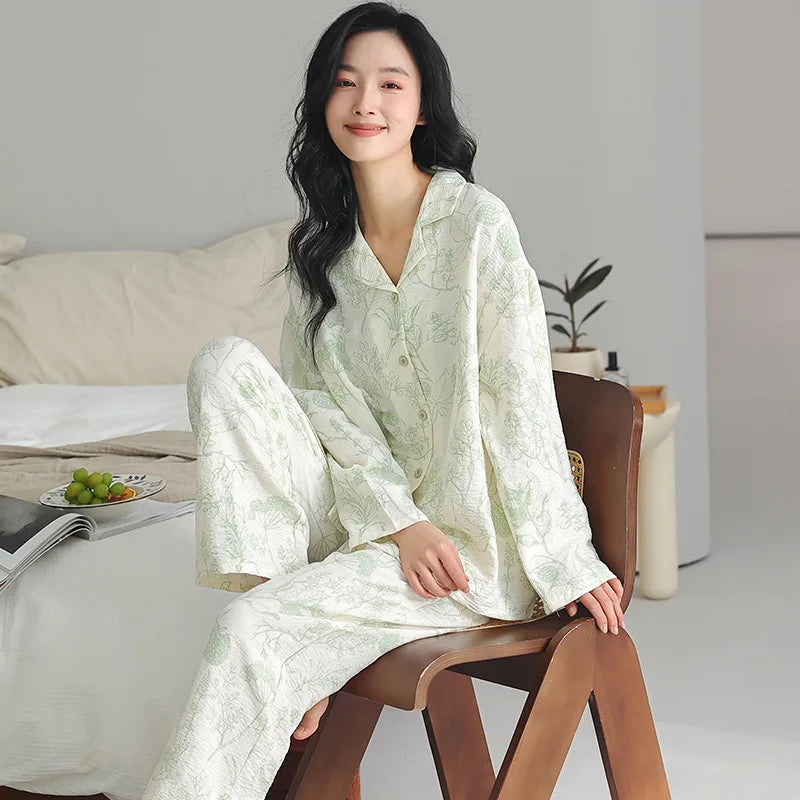 Pajama Woman Winter Cotton Spring Autumn Home Clothes Lapel Shirt Pant Suit Casual Printed Sleepwear Set New Pyjamas Femme