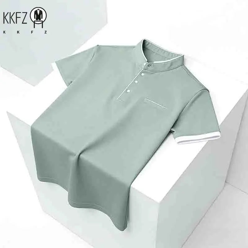 2026 New Men's Mint Green Stand Collar Polo Shirt Office Commute Business Casual Top