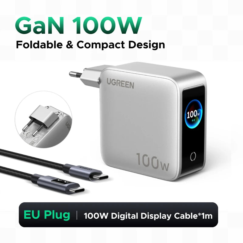UGREEN 100W GaN Charger With Smart Display EU/UK/US Foldable Plug QC4.0 AVS For Macbook Pro Laptop iPhone 18 17 Pro iPad Samsung