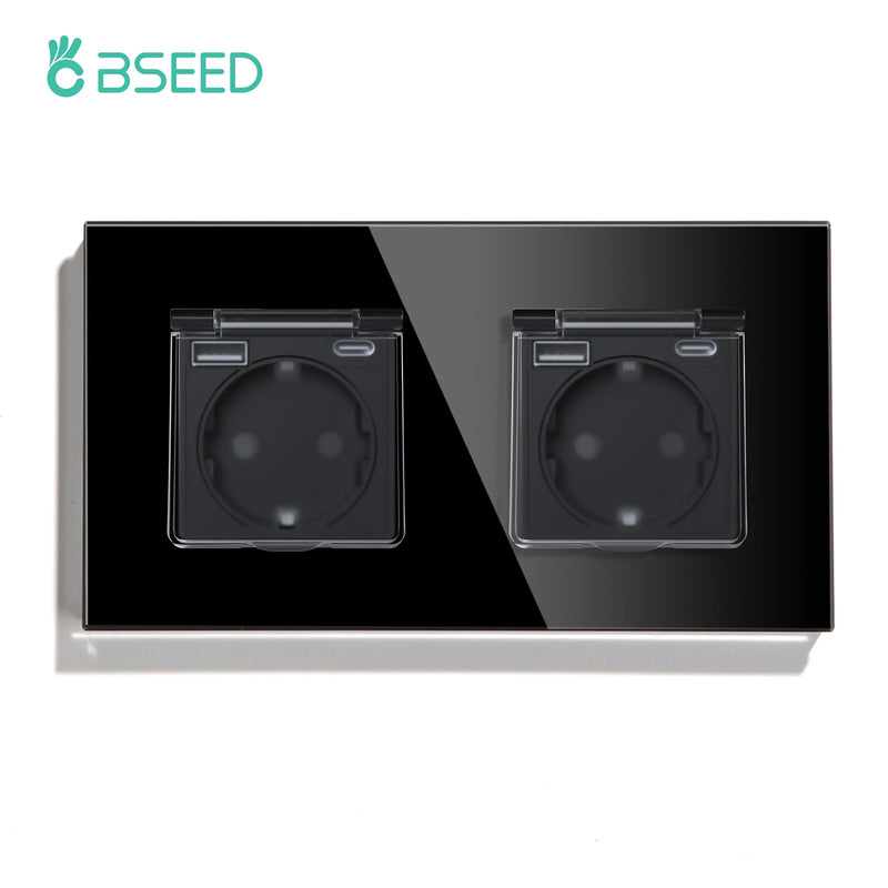 BSEED EU Standard Single Power Socket With Waterproof Cover Double USB Type-C Outlets Triple Plugs 16A Glass Panel 110-250V