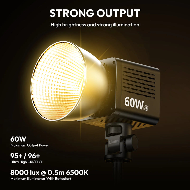 ភ្លើងវីដេអូ Ulanzi C60 60W COB ភ្លើង LED ពីរពណ៌ 2500-6500K 3300mAh Mini Bowens Mount សម្រាប់ថតរូបស្ទូឌីយោ ភ្លើងផ្សាយផ្ទាល់ Vlog