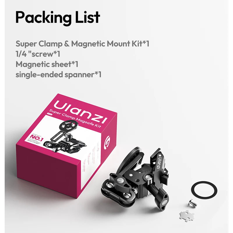 ឈុតម៉ោនម៉ាញេទិក Ulanzi EA03 Super Clamp សម្រាប់កាមេរ៉ា ទូរស័ព្ទ ម៉ូនីទ័រ ម៉ោនជើងកាមេរ៉ា ដៃវេទមន្ត ជាមួយវីសក្បាលបាល់ 360° 1/4" ពីរ