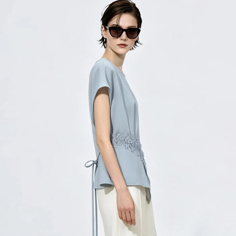 Amii Women's Blouse 2026 Summer New Round Neck Tie Detail Lace Raglan Short Sleeve Chiffon Top Asymmetric Casual Shirt 12622217