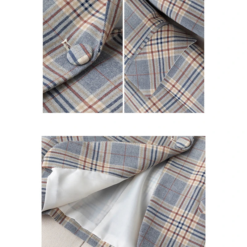 2026 Women's Gray Striped Plaid Suit Jacket, Asian Sizes Slim-Fit Coats, V-Neck Single Button Ladies Blazers S-XXXXXL