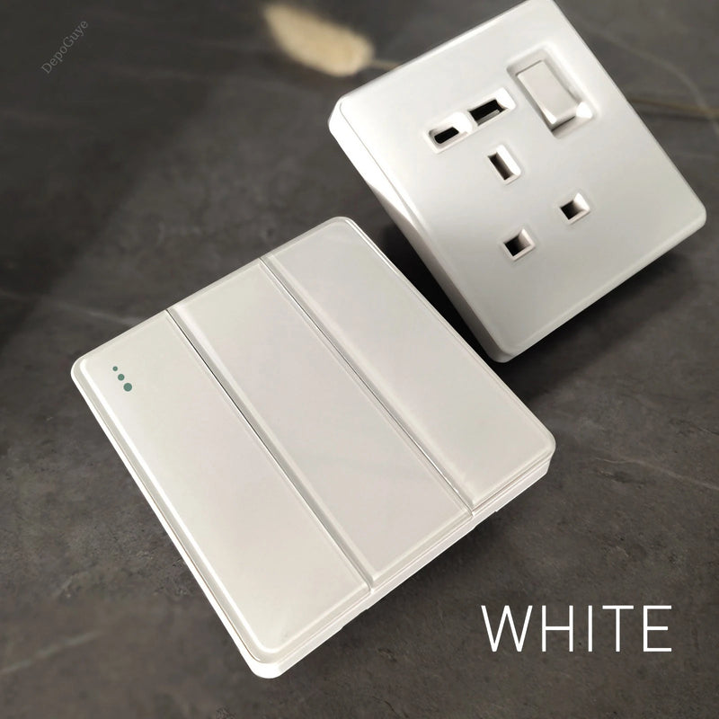 White Tempered Glass 2Way Wall Light Switch, UK Wall 18W Type-C Fast Charging USB Socket, Universal Electrical Outlet Plug 220V