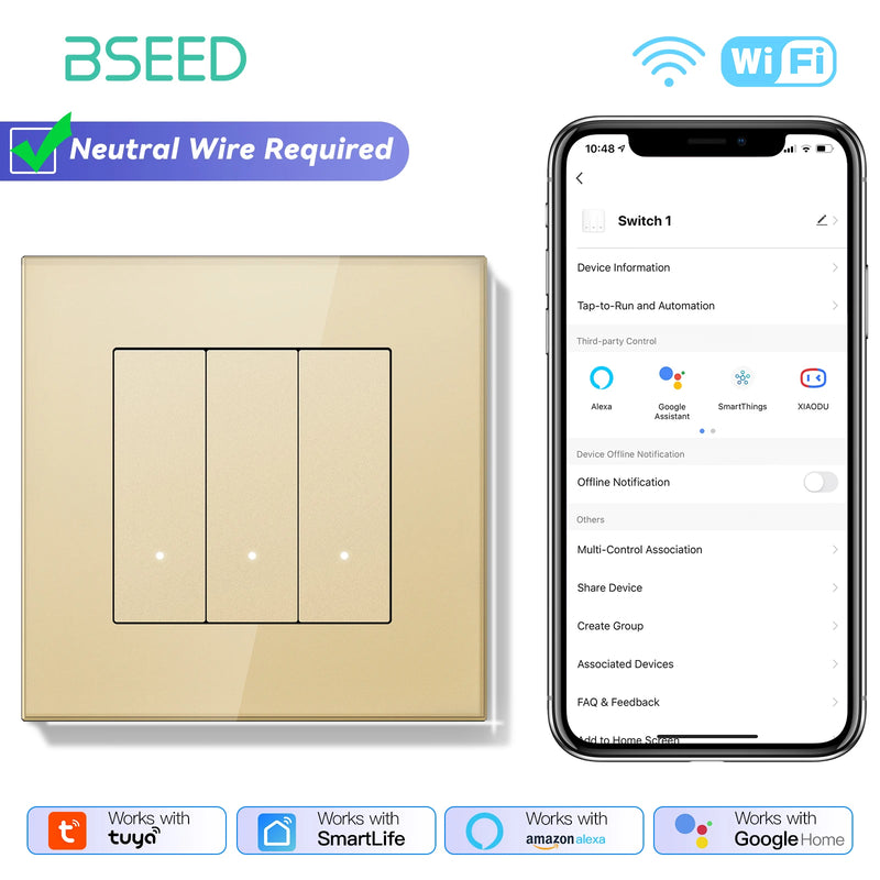 BSEED WIFI Smart Push Button Switch 1/2/3/4Gang 2Way APP Remote Control Glass Panel LED Indicator Tuya Smart Life Alexa Control