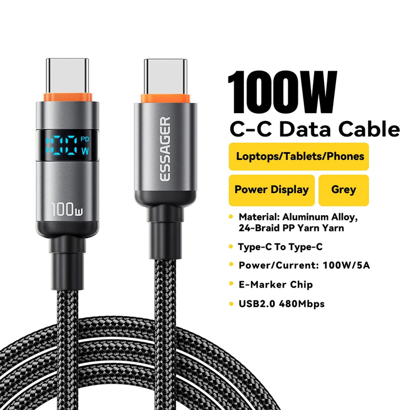 ខ្សែសាក Essager 100W ប្រភេទ C ទៅប្រភេទ C 5A PD សាកលឿន USB C ទៅ USB C សម្រាប់អេក្រង់ Macbook Laptop iPad Xiaomi iPhone 16 15
