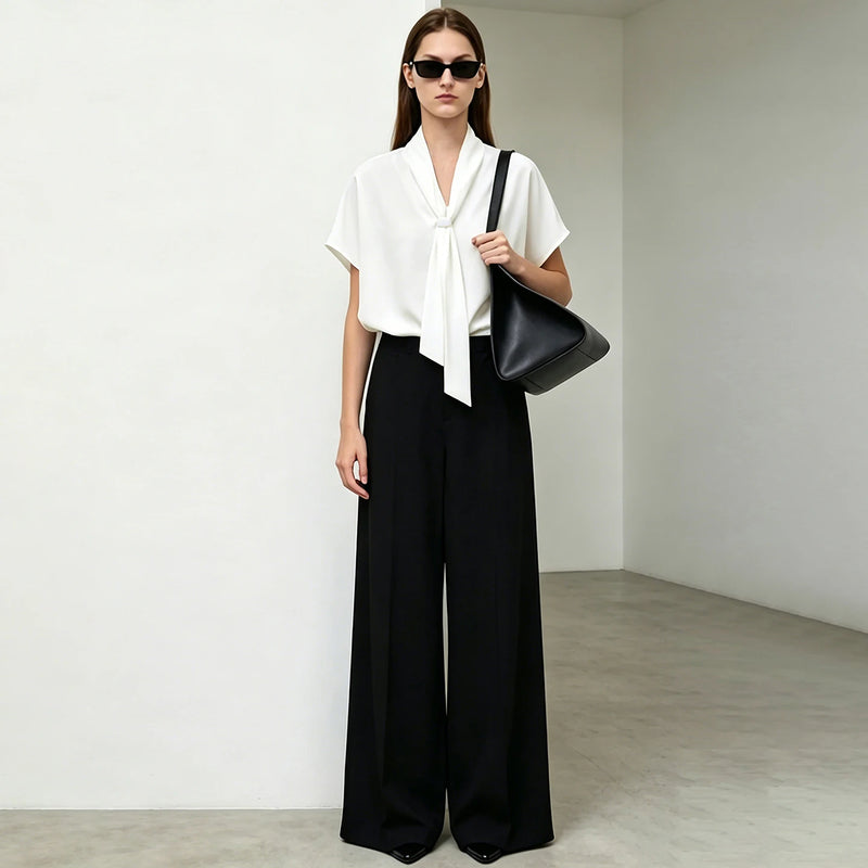Amii Women's Elegant Blouses 2026 Summer New Patchwork Dolman Sleeve Chiffon Top Tie Neck Loose Casual Women's Clothing 12612016