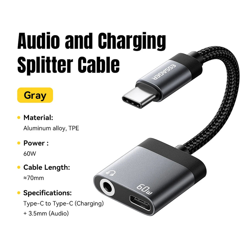 Essager Audio And Charging Splitter Cable 2 In 1 3.5mm Jack Earphone PD 60W USB Type C Charger Adapter For iPhone Samsung Xiaomi